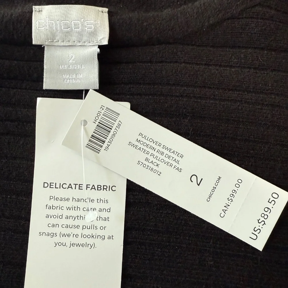 CHICOS 2 MODERN RIB DETAIL BLACK SWEATER PULLOVER‎ SIZE L